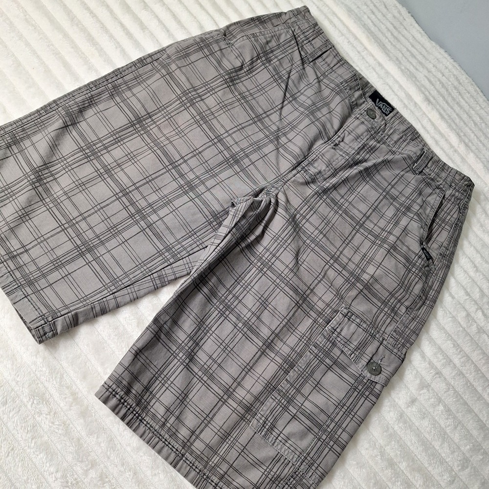 Vans Y2K Skater Long Canvas Cargo Shorts Mens 34 Gray Plaid Rip Stop Street Wear